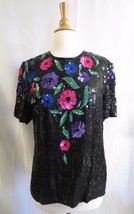Vintage Gunit Black Silk Sequin beaded Short Sleeve Top color Flowers dr... - $54.45