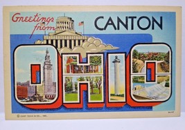 Greetings From Canton Ohio Large Big Letter Linen Postcard Curt Teich 1945 Flags - $35.34