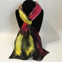 Hand Painted Silk Scarf Yellow Watermelon Red Olive Green Unique Gift Re... - £44.75 GBP