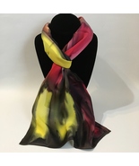 Hand Painted Silk Scarf Yellow Watermelon Red Olive Green Unique Gift Re... - £45.46 GBP