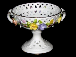 Antique Dresden Germany Reticulated Pedestal Bowl with Encrusted Flowers - £19.41 GBP