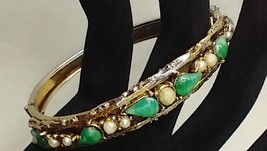 Antique hinged bracelet with faux pearls and green stones about 7 inches inside - £16.51 GBP