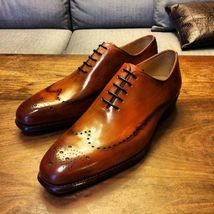 Elegant Handmade Brown Wingtip Oxford Shoes, Men&#39;s Genuine Leather Lace ... - $159.00