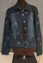 Vintage Flashback Denim Jacket Womens Sz S Embroidered Art to Wear Button Front - £18.84 GBP