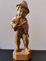 Vintage Black Forest Germany Hand Carved Wood Figurine Boy Playing Violin 11&quot; - £36.94 GBP