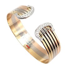 Authentic! Cartier 18k Tri-Color Gold Diamond Double C Wide Cuff Bangle Bracelet - $14,500.00