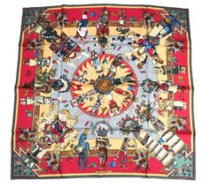 Hermes Scarf Kachina by Kermit Oliver 90 cm silk native khaki red Carre 35&quot; - $578.39