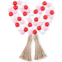 Valentine&#39;S Day Wood Bead Garland With Tassel,Rustic Wooden Bead Decor Farmhouse - £10.38 GBP