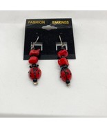 New Ladybug 2&quot; Dangle Earrings Red Black Fused Glass Beads Silver Tone L... - £11.82 GBP