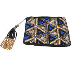Glass Bead and Sequin Coin Purse Bag Wallet Blues Gold Tassle 4.5x4&quot; India Nitin - £14.26 GBP