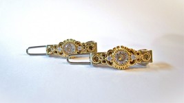 Two small tiny slim gold  and clear crystal hair pin clip barrettes fine... - $10.95