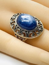 Vintage Sterling Silver Band Ring Oval Bezel Set Blue Cats Eye Agate Size 5 - £55.95 GBP
