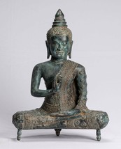Antique Khmer Style Seated Bronze Buddha Statue Teaching Mudra - 45cm/18&quot; - £881.09 GBP