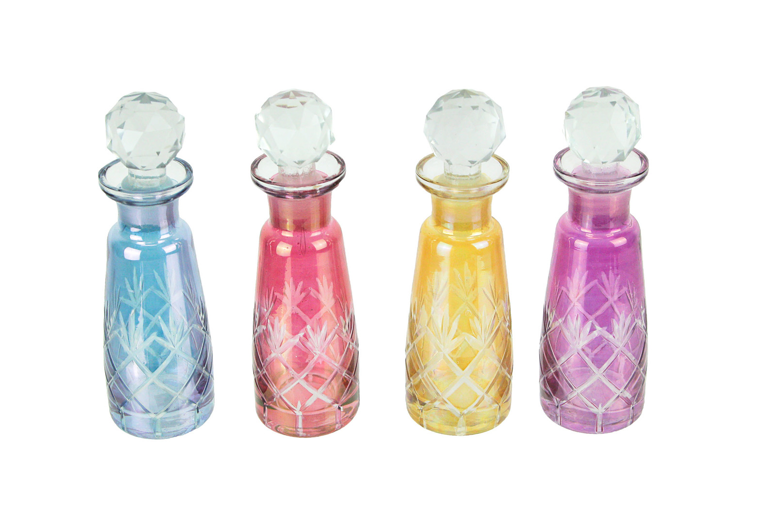 Primary image for Set of 4 Colored Cut Glass Decorative Perfume Bottles With Stoppers