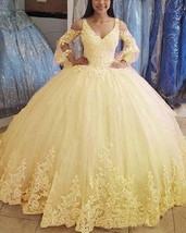 Ball Gown Lace Yellow Quince Dresses,Princess Puff Long Sleeves Sweet 16 Dress - £219.54 GBP