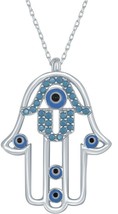 Hamsa Hand with Evil Eyes Charms and Turquoise CZ Sterling Silver Chain Necklace - £49.50 GBP