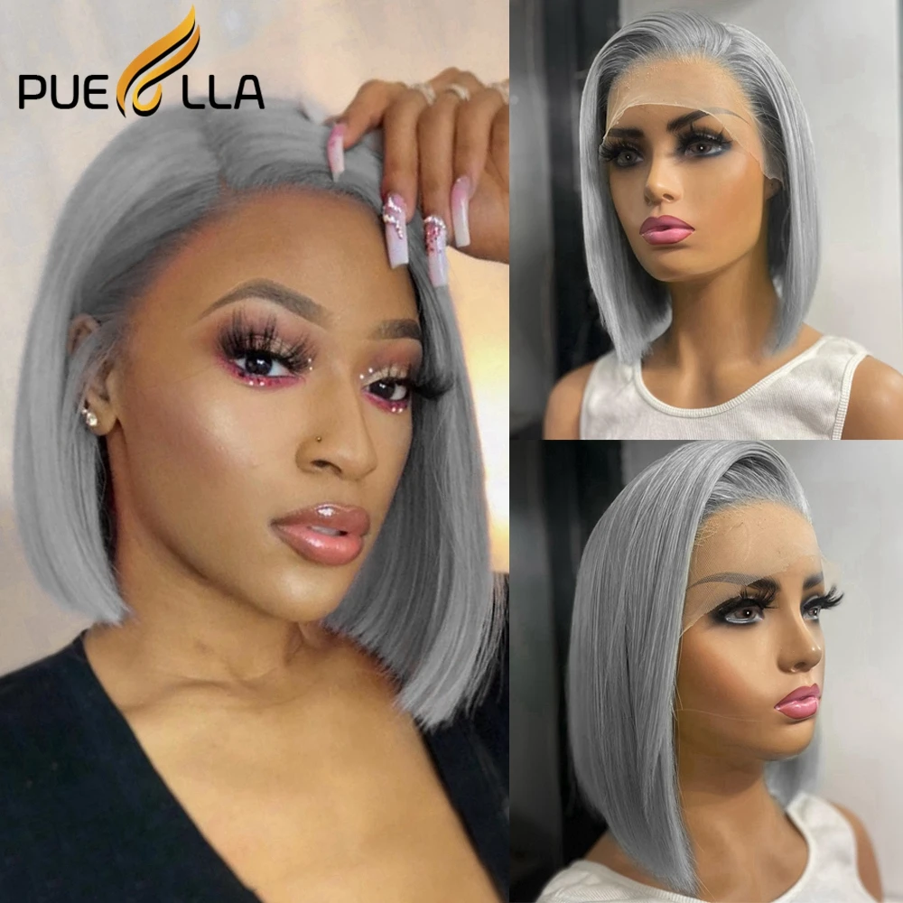 13X4 Remy Human Hair Grey Colored Short Bob HD Lace Front Wig Gluele - £84.43 GBP+