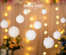 Shatterproof Christmas Bulbs Ornaments Plastic White Silver Glitter 3 Sizes 32pc - £7.94 GBP