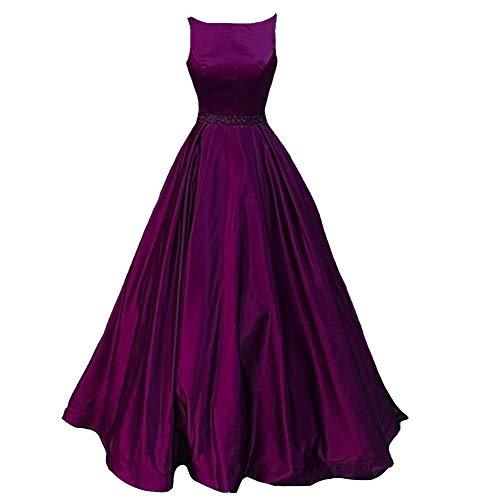 Bateau Beaded Sash Satin Long A Line Formal Prom Dress Evening Gown Purple US 10