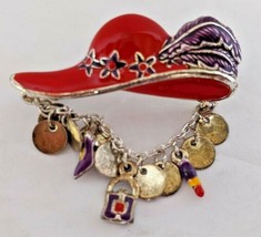 Vintage Pin Brooch Red Victorian Plume Hat w Chain dangling charms Stars Jewelry - £7.78 GBP