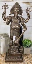 Large 21&quot; Tall Ganesha With Dhoti in War Armor On Pillar With Rat Statue Bronzed - £102.81 GBP