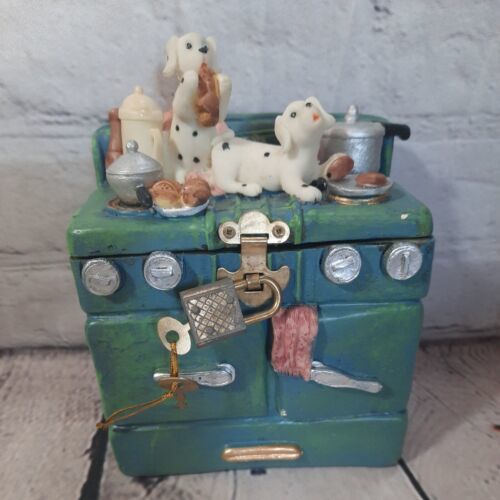 Primary image for Stove w/ Dalmation Dogs Hinged Trinket Box Coin Bank w/ Locking Padlock 6.5" Tal