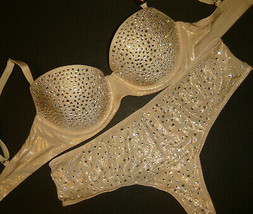 Victoria&#39;s Secret Demi 30C Reggiseno Set S Tanga Oro Beige Cristallizzato Moda - £124.64 GBP