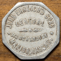 Early 1900s Marion Kansas KS John Ehrlich&#39;s &amp; Sons General Store 50 Trade Token - £9.26 GBP