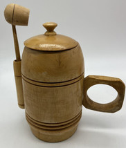 VTG Wooden Sugar Jar with Spoon Hand Carved Wooden Barrel Lidded Jar, Kitch - £18.44 GBP