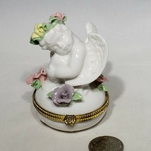 VTG Porcelain WInged Angel Hinge Trinket Box Flowers Velvet Earring Pad Gift Box - £15.14 GBP