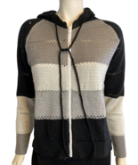 Black, Gray, White Striped Hooded Zip Front Crocheted Sweater size S - $28.49