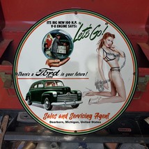 Vintage 1956 Ford 100 H.P V-8 Engines Sales &amp; Servicing Porcelain Gas-Oil Sign - £98.77 GBP