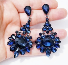 Blue Gothic Chandelier Earrings, Prom Rhinestone Crystal Drop Earrings, Statemen - £27.63 GBP