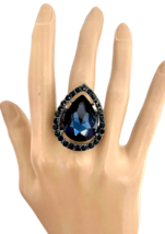 Navy/Montana Blue Crystal Bold Classy Statement Stretchable Cocktail Party Ring. - $16.63