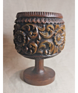 Large Dark Wood, Hand Carved, Floral Design Goblet Planter / Vase - $115.83