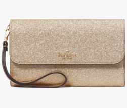 NWB Kate Spade Glimmer Boxed Medium Flap Wristlet Gold Wallet KE447 Gift Bag FS - £58.32 GBP