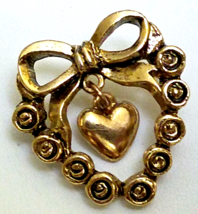 Vintage Camco Dangling Heart and Bow Lapel Tac Pin Brooch Signed Gold Tone - $14.82