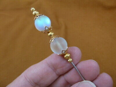 (U-352) 12mm Blue white Mermaid Moonstone 2 bead gold alloy hatpin Pin h... - $10.39