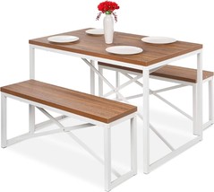 Modern 3-Piece Dining Set Wood Top White Metal Frame Table and 2 Bench Chairs - $331.49