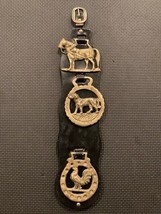 VTG Horse Brass Medals, 3 pc set on leather,Horse,Dog,Rooster Bridle Medallions - £17.94 GBP