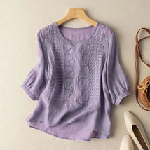 Tops Tees T-Shirt Pullover Tunic Blouse Floral Crochet 3/4 Sleeve Purple - £6.99 GBP