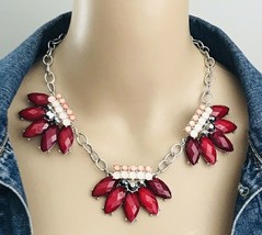 New York &amp; Company Silver Tone Red Peach Cabochon Statement Necklace - £10.89 GBP