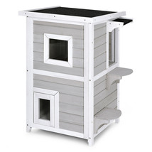 2-Tier Wooden Cat House Outdoor Kitty Shelter W/ Escape Door Rainproof - $174.17