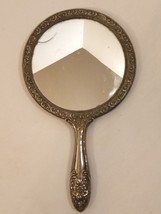 Heavy Vintage Silver Toned Hand-Held Ornate Floral Pattern Vanity Mirror - £22.94 GBP