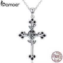 BAMOER Authentic 925 Sterling Silver Rose Flower Leaf Cross Pendant Necklaces fo - £19.91 GBP