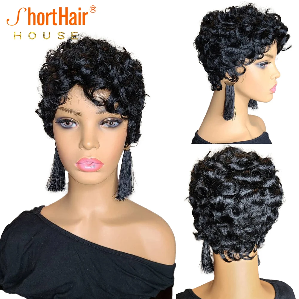 Pixie Cut Wig Human Hair Short Bob Wigs With Natural Bangs For Woman Black Col - £32.19 GBP+
