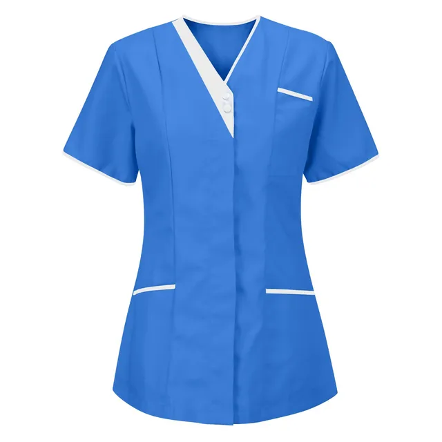  Blue M Nurse Uniform Scrubs Tops Short Sleeve Pocket Overall - £22.38 GBP