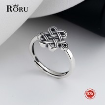 Vintage Adjustable Finger Ring Real 925 Silver Auspicious Chinese Knot Ring Ethn - £19.88 GBP