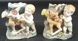 Set of 2 Antique Hand Painted Small Porcelain Vase Baby Cherub and Deer, Japan - £31.14 GBP
