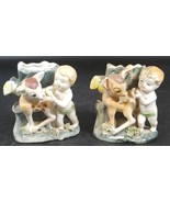 Set of 2 Antique Hand Painted Small Porcelain Vase Baby Cherub and Deer,... - $39.59